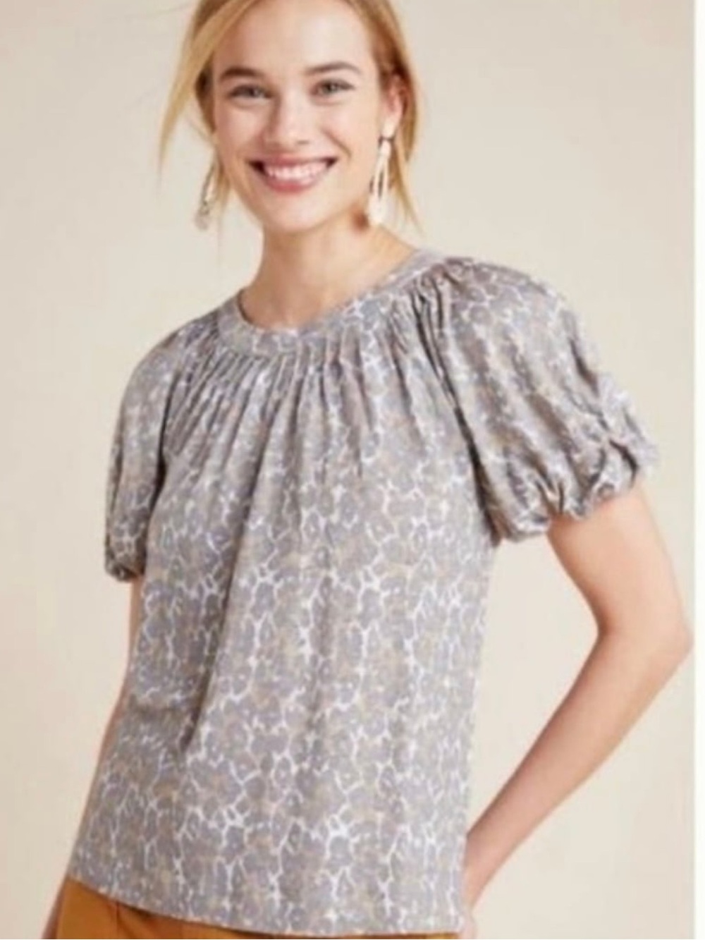 Anthropologie Maeve Linen Leopard Top Puff Sleeve